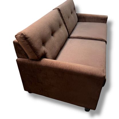 Brown Velour Sofa Bed – Button Back with Fold-Out Mattress