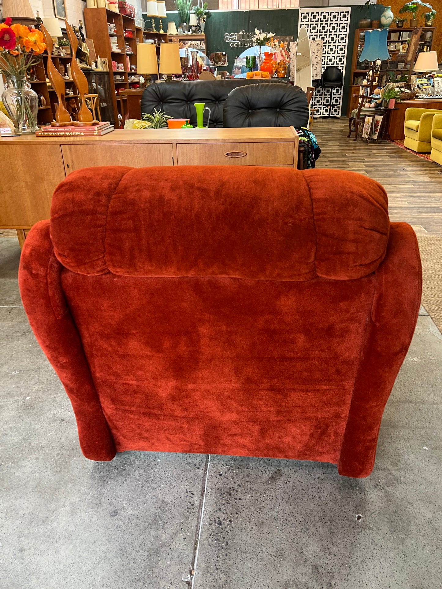 Rust Red Velvet Lounge Chair – Retro Plush Armchair, 1970s