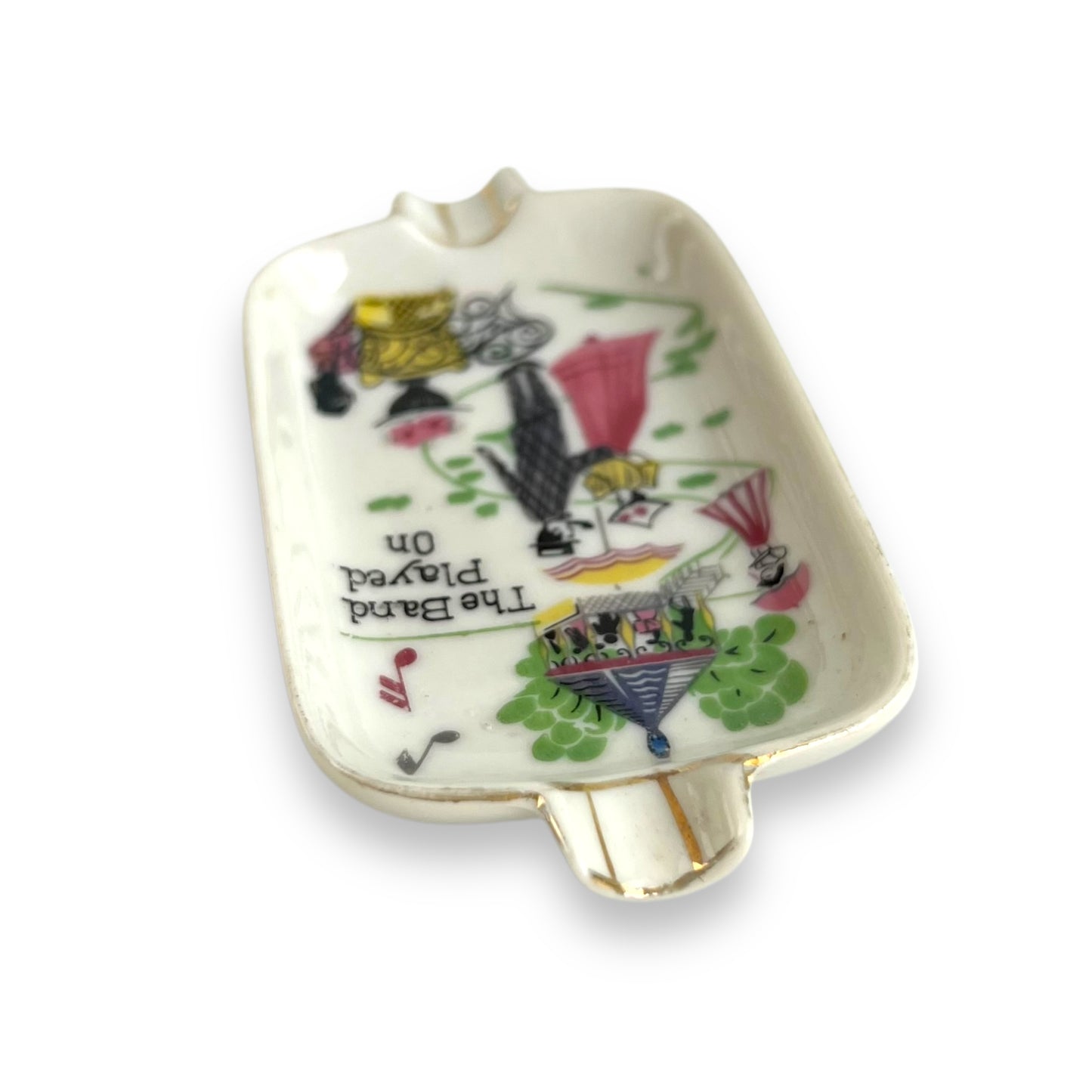 Victorian Norcrest Japan golden trim Porcelain ashtray “The Band Played On”