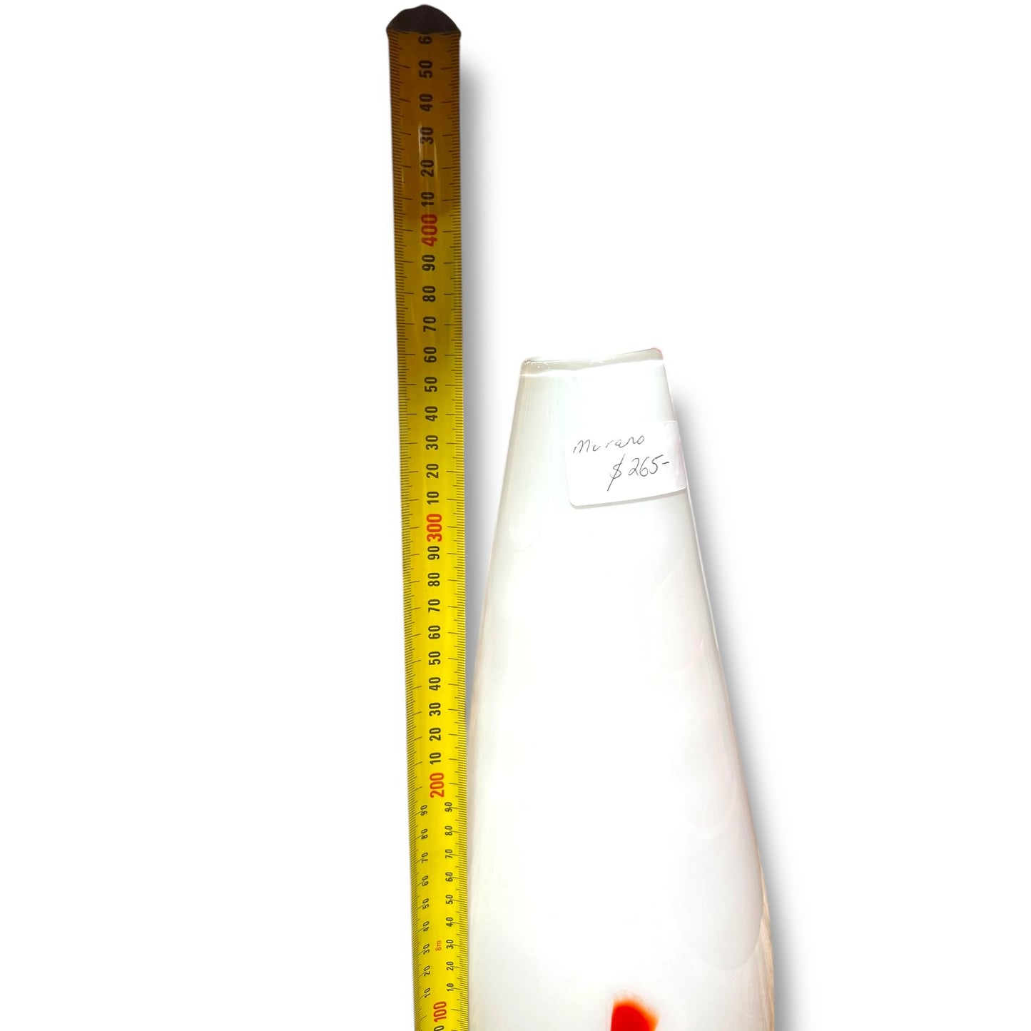 Italian art glass vase in glossy opaque white with a striking reddish-orange spiral accent