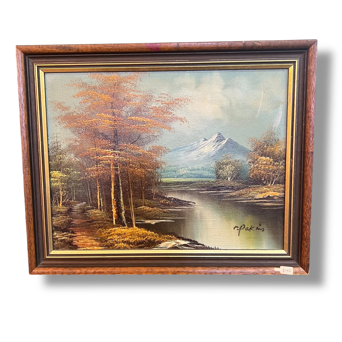 Autumn Forest by the Lake with Snow-Capped Mountains – Signed Reproduction by R. Pakins