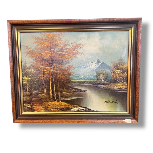 Autumn Forest by the Lake with Snow-Capped Mountains – Signed Reproduction by R. Pakins