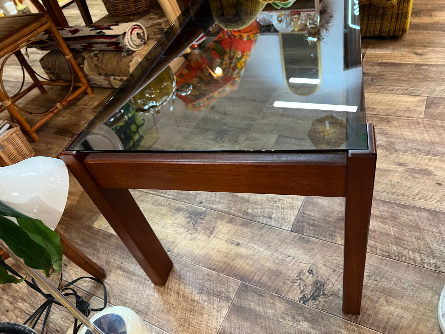 Mid-Century Modern Rectangle Smoked Glass Coffee Table with Rich Walnut-Toned Timber Frame