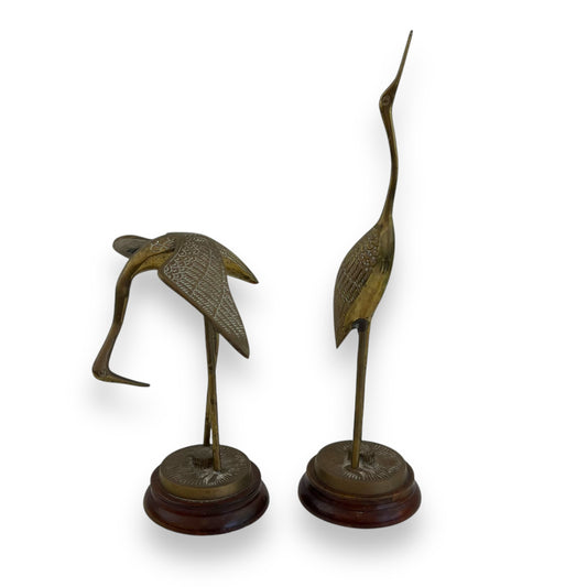 Brass Crane Figurines – Elegant Pair of Mid-Century Water Birds on Wooden Bases
