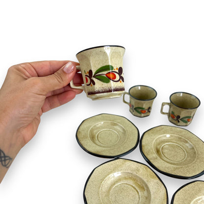 Italian Pottery Tea Set - 7 Cups and Saucers with Hand-Painted Fruit Design
