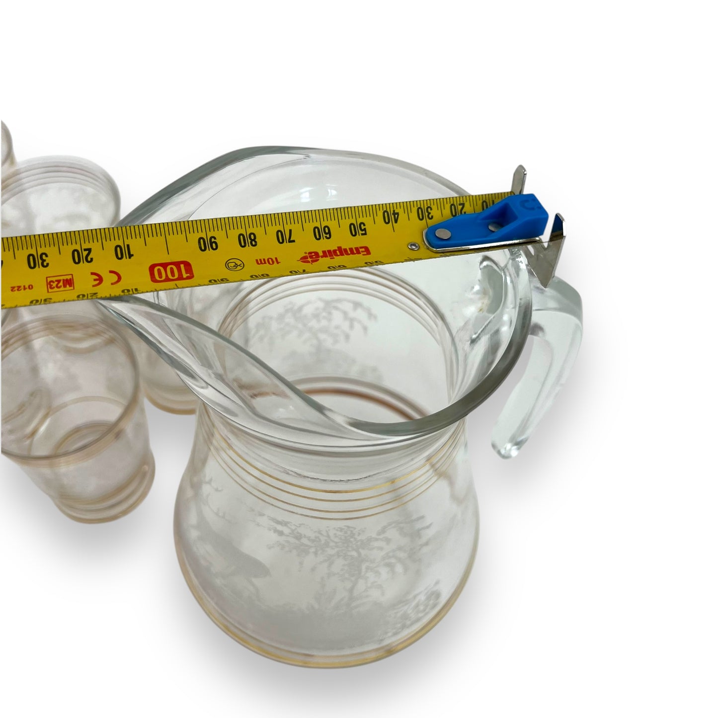 Glass Jug & 6 Cups with gold bands and etched deer/elk pattern