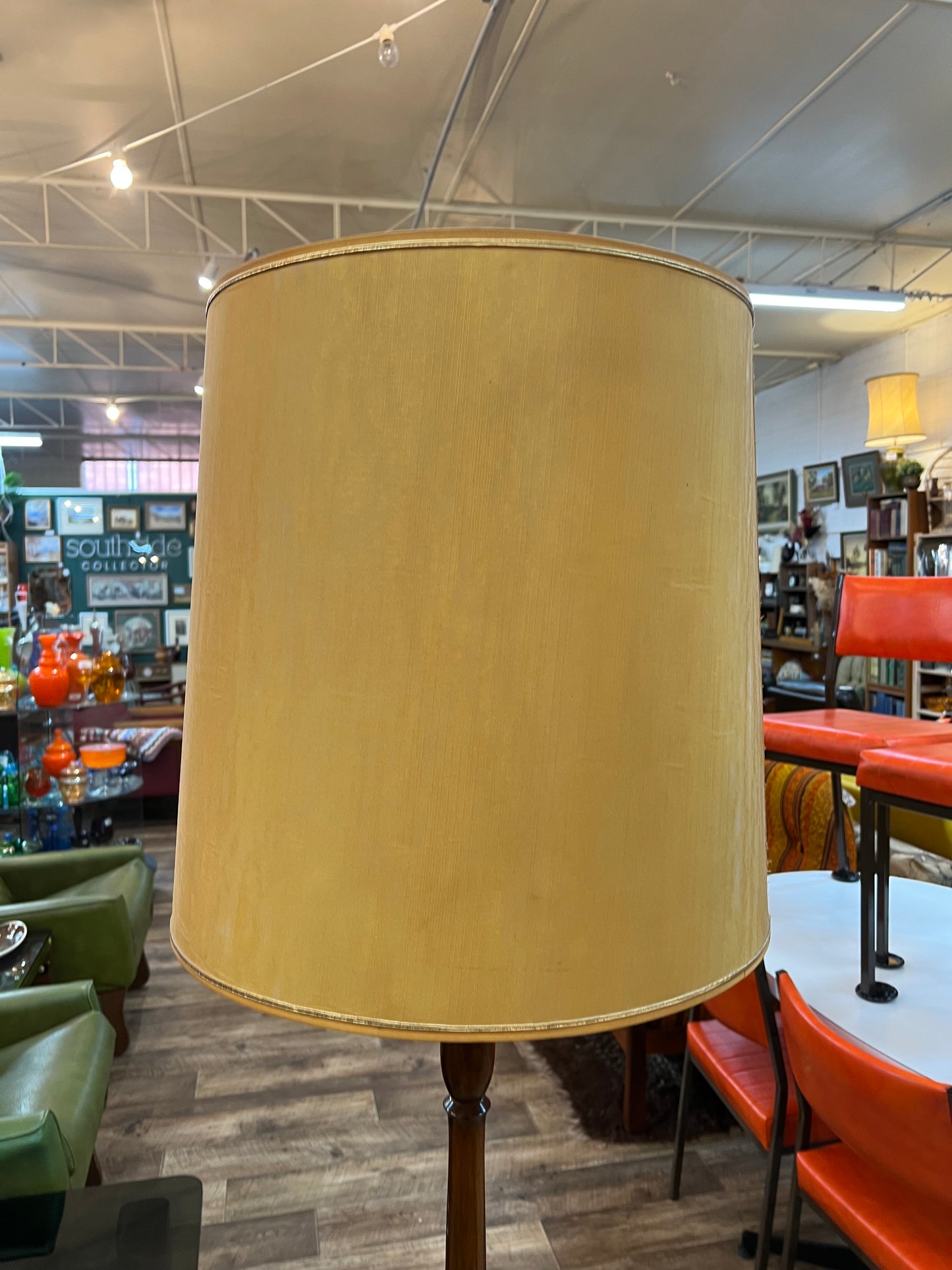 Timber Floor Lamp with Mustard Drum Shade