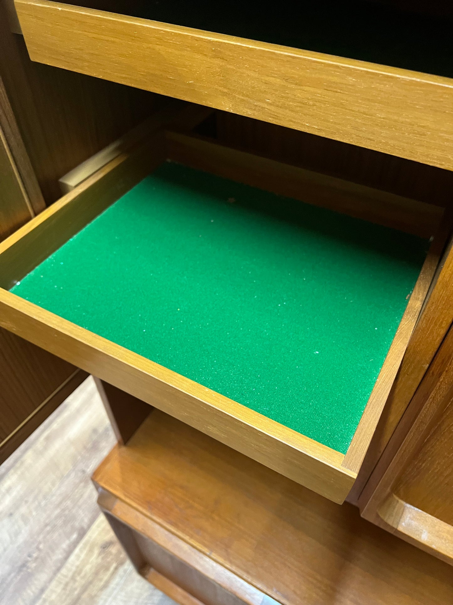 Macrob Mid Century Teak Pull-Down Bar Cabinet Display Unit
