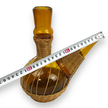 Vintage 1950s Amber Glass Woven Rattan Porron Spanish Decanter - Missing Stopper