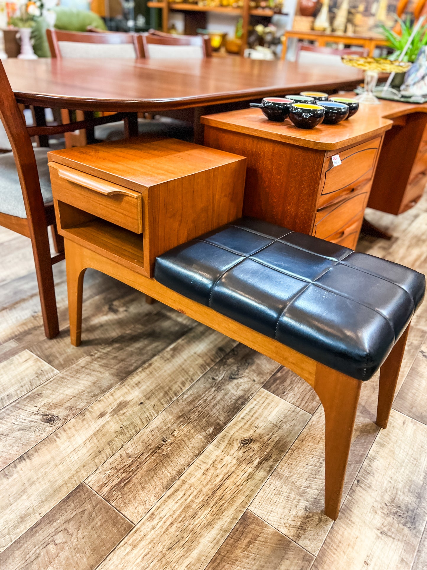 Teak Telephone Bench Seat with Black Vinyl Cushion