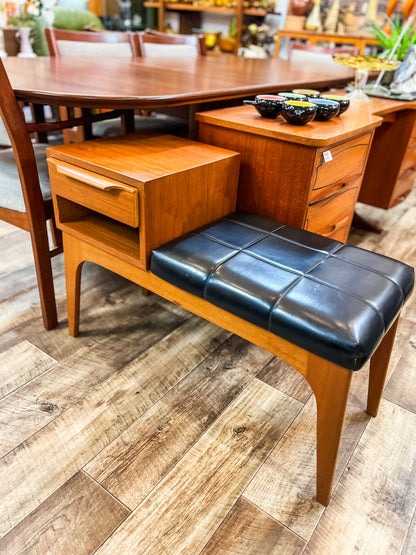 Teak Telephone Bench Seat with Black Vinyl Cushion