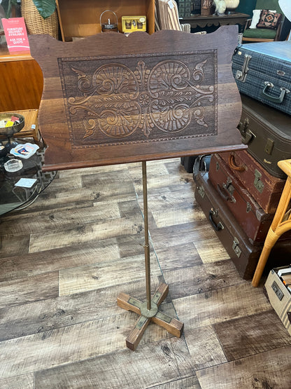 Adjustable Carved Timber Music Stand with Brass & Timber Base