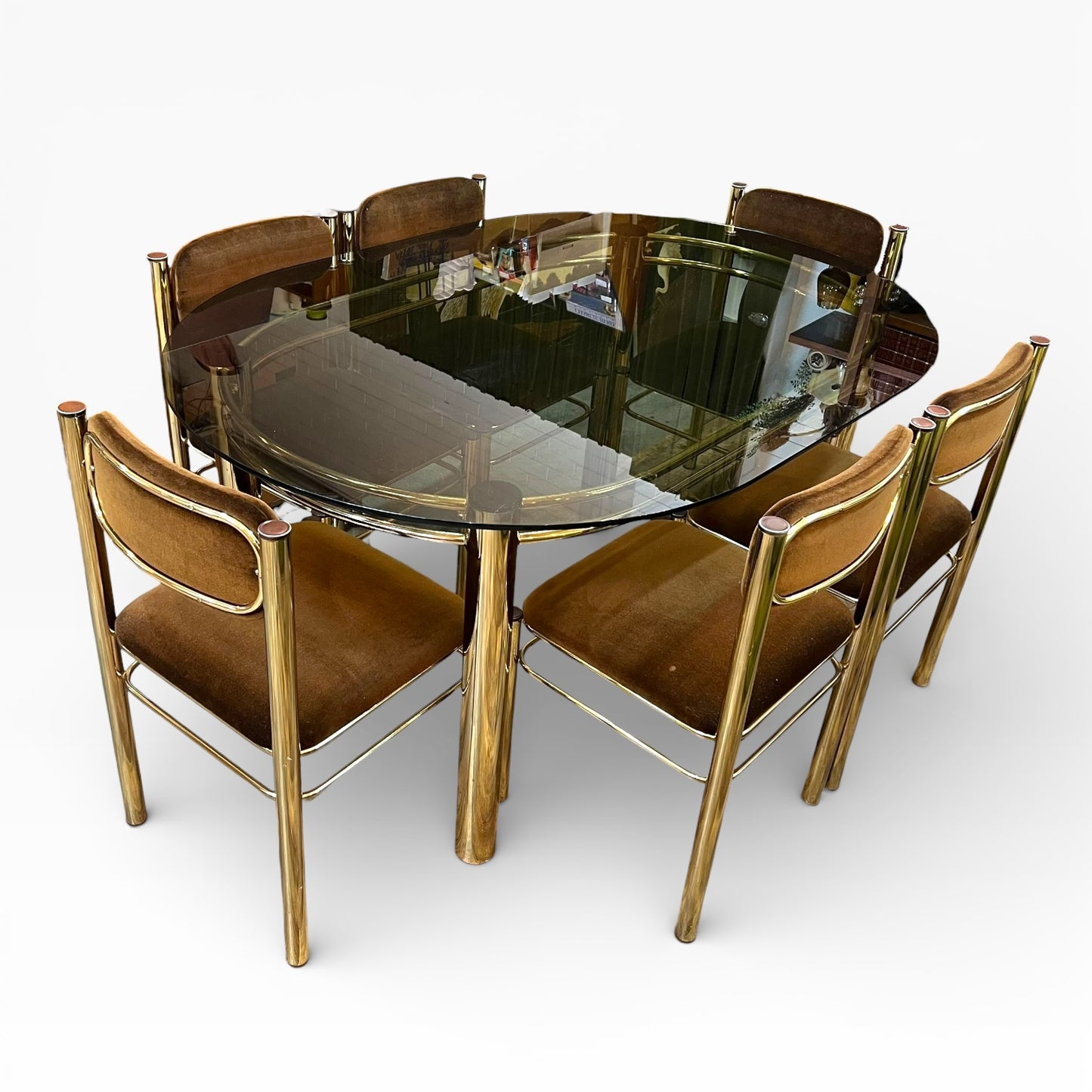 Brass & Smoked Glass Dining Table with 6 Chairs 