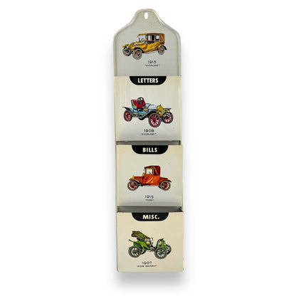 Metal Letters & Bills Wall Hanging Organiser with Vintage cars artwork