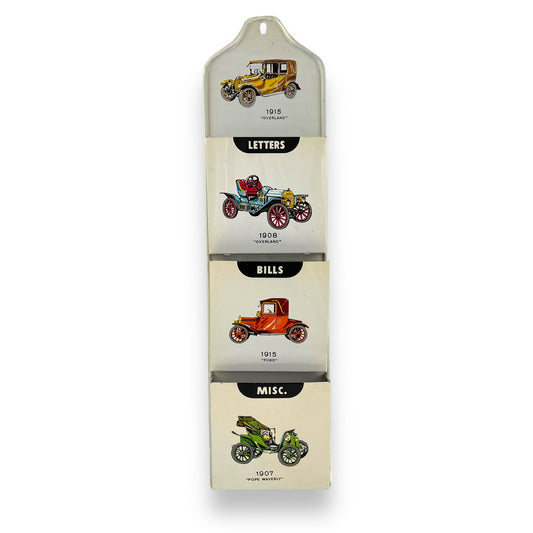 Metal Letters & Bills Wall Hanging Organiser with Vintage cars artwork