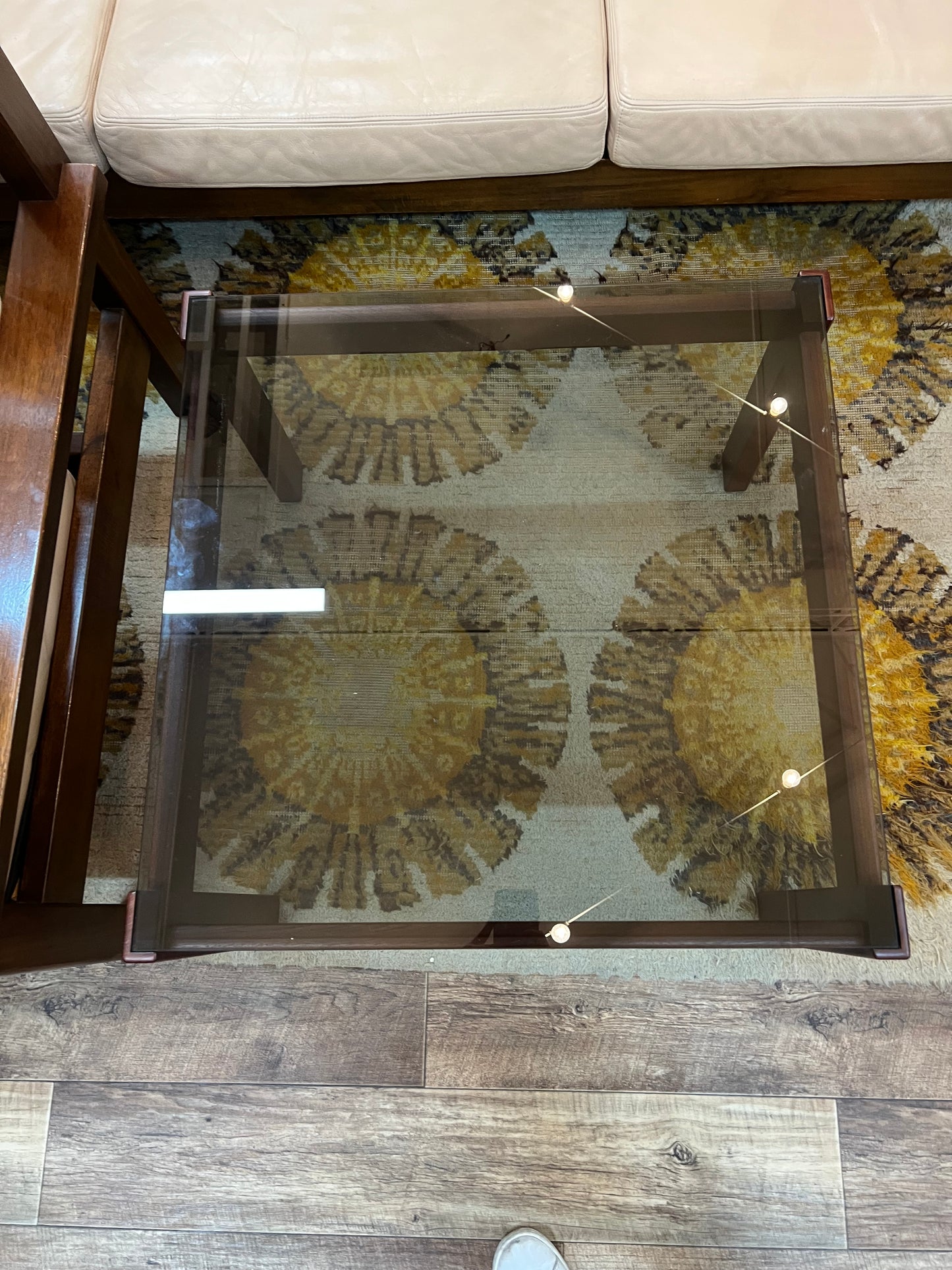 Mid-Century Modern Square Smoked Glass Coffee Table with Rich Reddish-Brown Timber Frame