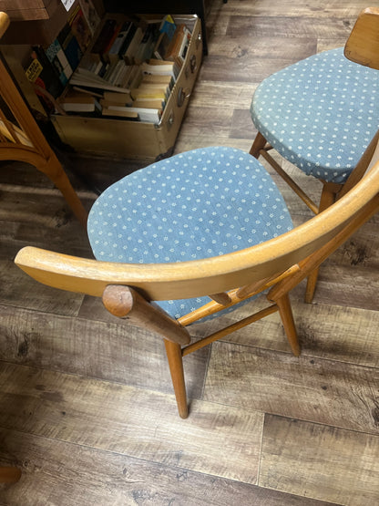 Pair of Timber Dining Chairs with Blue Patterned Upholstered Seats