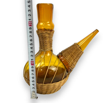 Vintage 1950s Amber Glass Woven Rattan Porron Spanish Decanter - Missing Stopper
