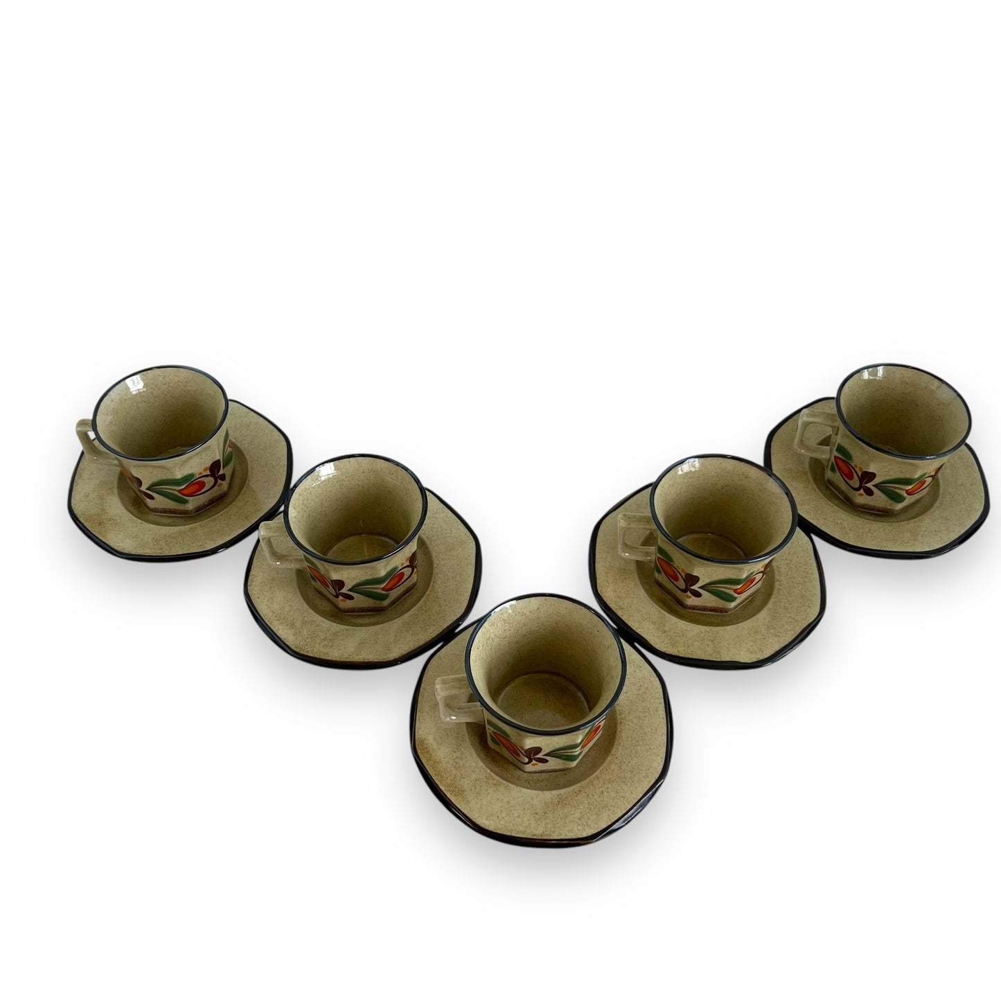 Italian Pottery Tea Set - 5 Cups and Saucers with Hand-Painted Fruit Design