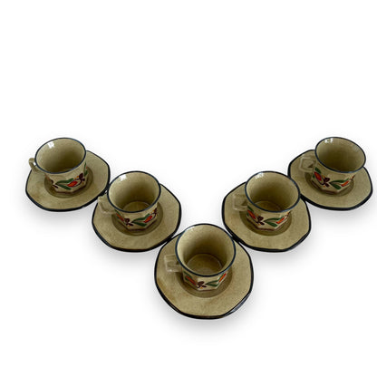 Italian Pottery Tea Set - 5 Cups and Saucers with Hand-Painted Fruit Design