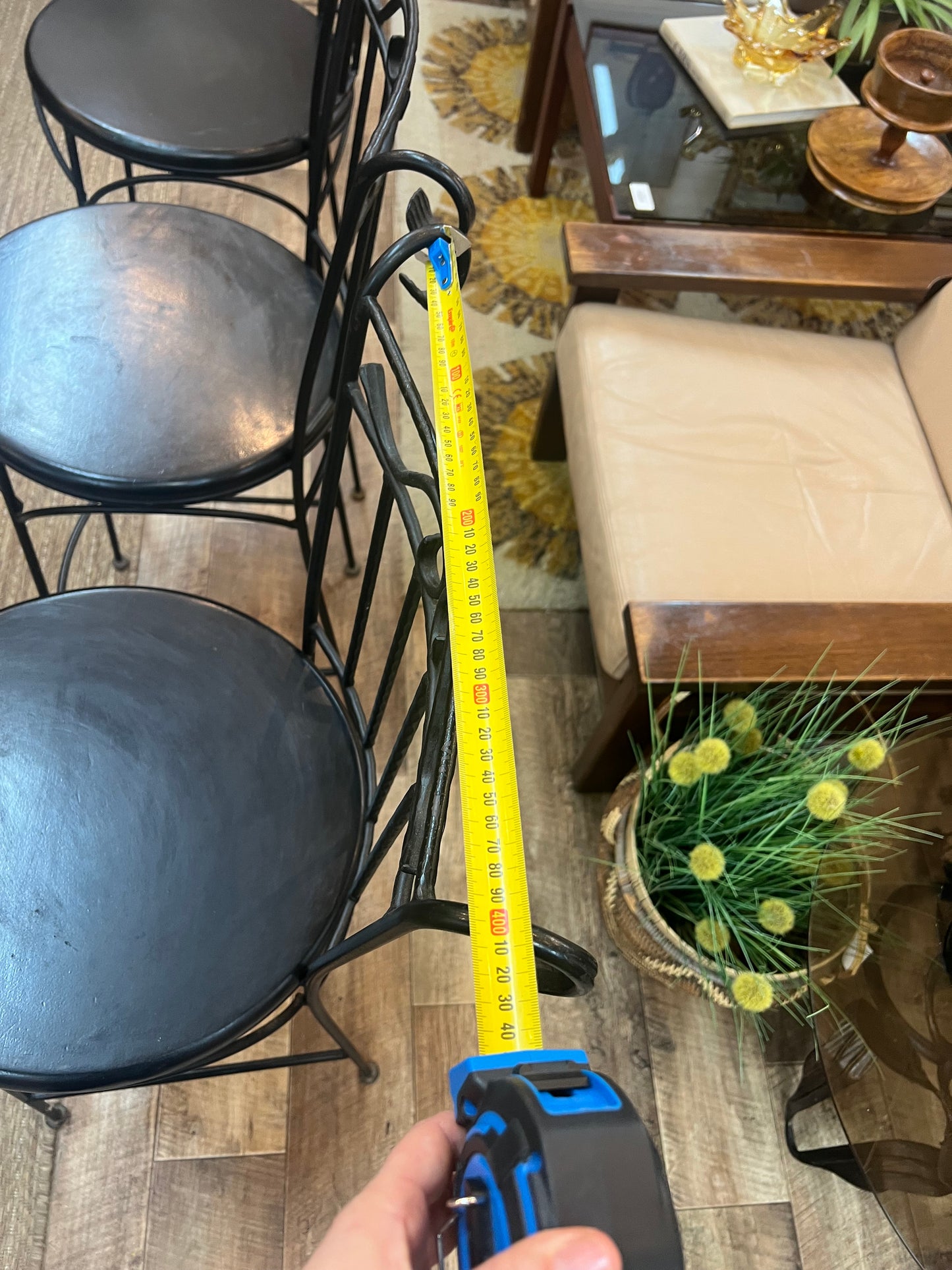 Set of 3 Black Vintage Wrought Iron Bar Stools