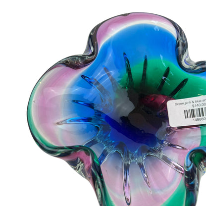 Green,pink & blue art glass dish