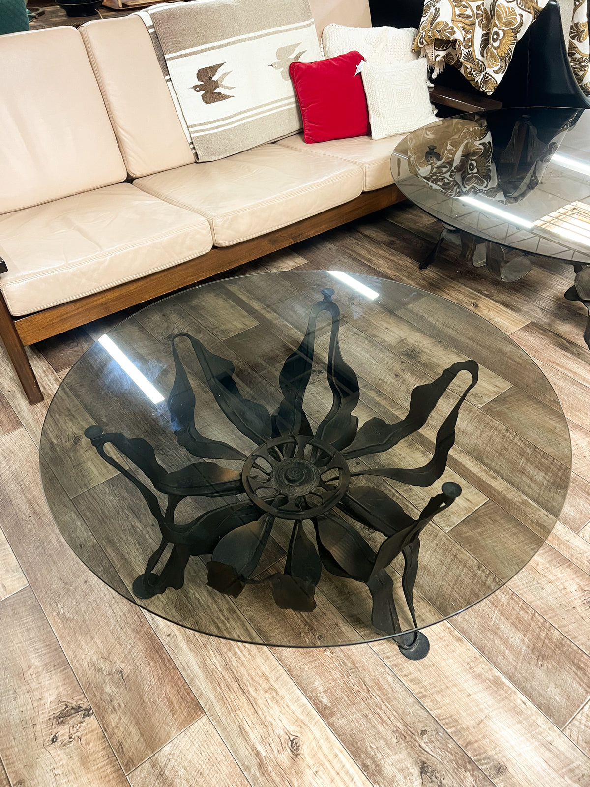 Brutalist Sculptural Metal & Smoked Glass Coffee Table – 91.5cm diameter