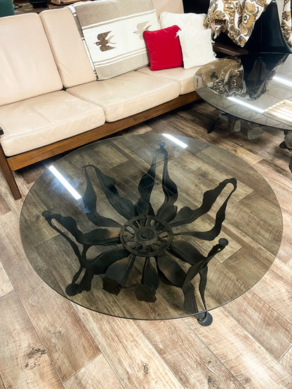 Brutalist Sculptural Metal & Smoked Glass Coffee Table – 91.5cm diameter