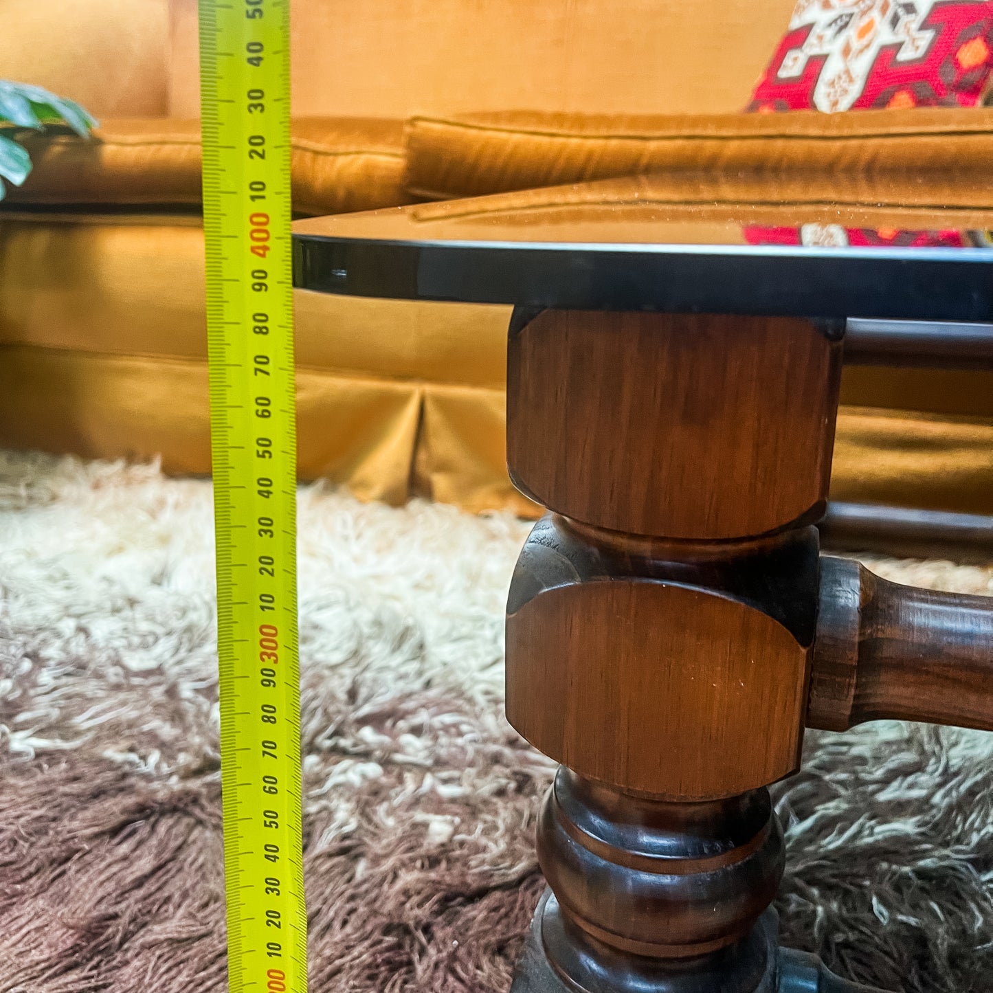 Solid Timber & Smoked Glass Coffee Table – Chunky Sculptural Base