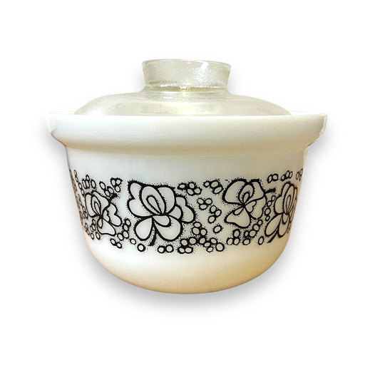 Crown Pyrex Ovenware Dish with Clear Glass Lid - Black Floral Design