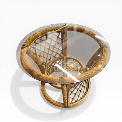 Cane Side Table with Round Glass Top & Sculptural Base