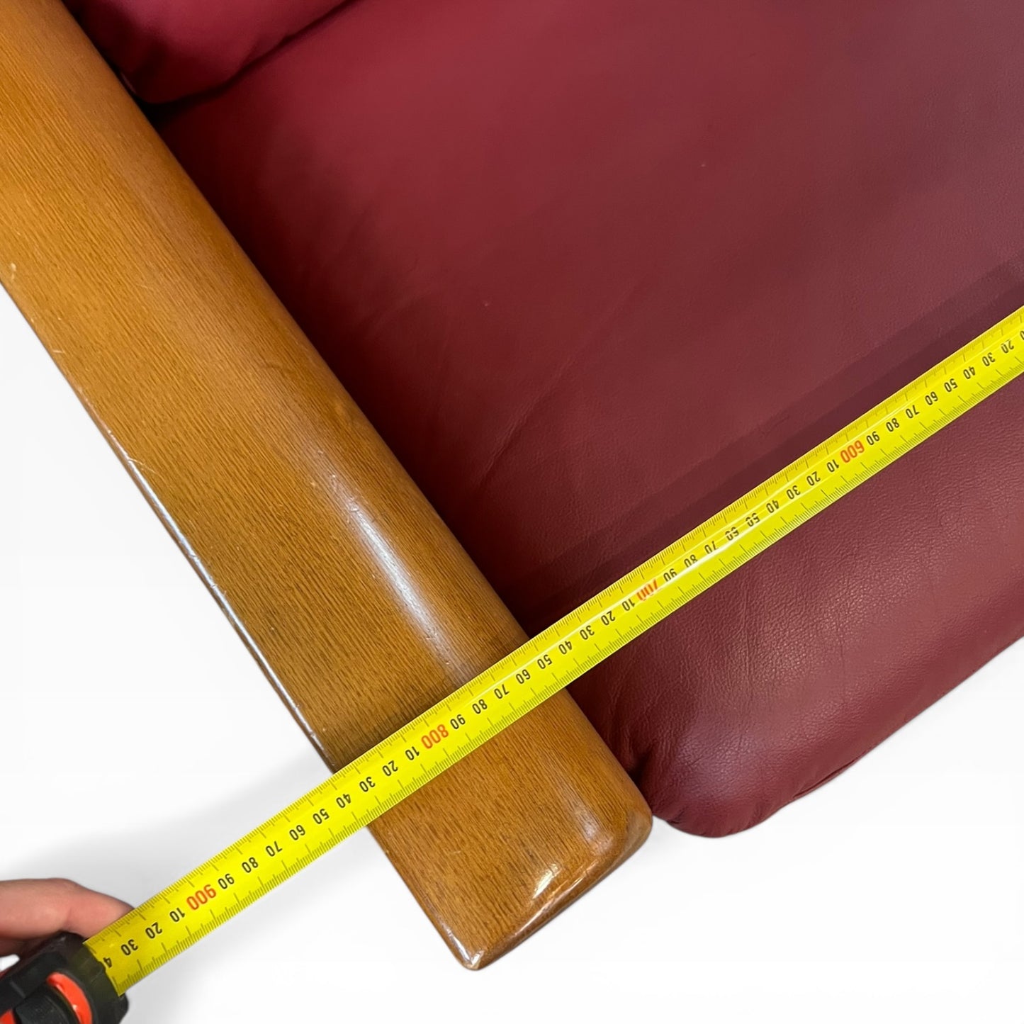 Timber Armchair with Sculpted Curved Armrests & Burgundy Leather Cushions