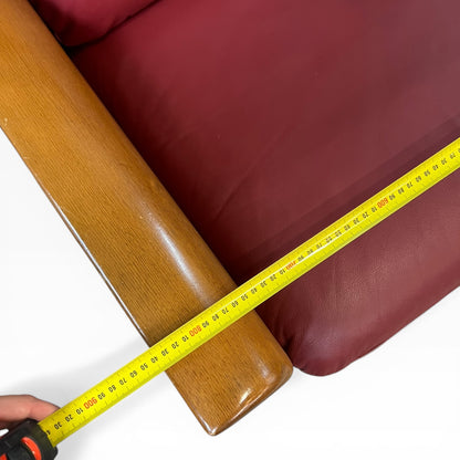 Timber Armchair with Sculpted Curved Armrests & Burgundy Leather Cushions