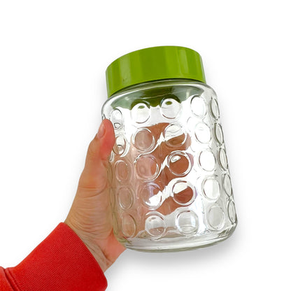Green lid circle clear glass pattern jar