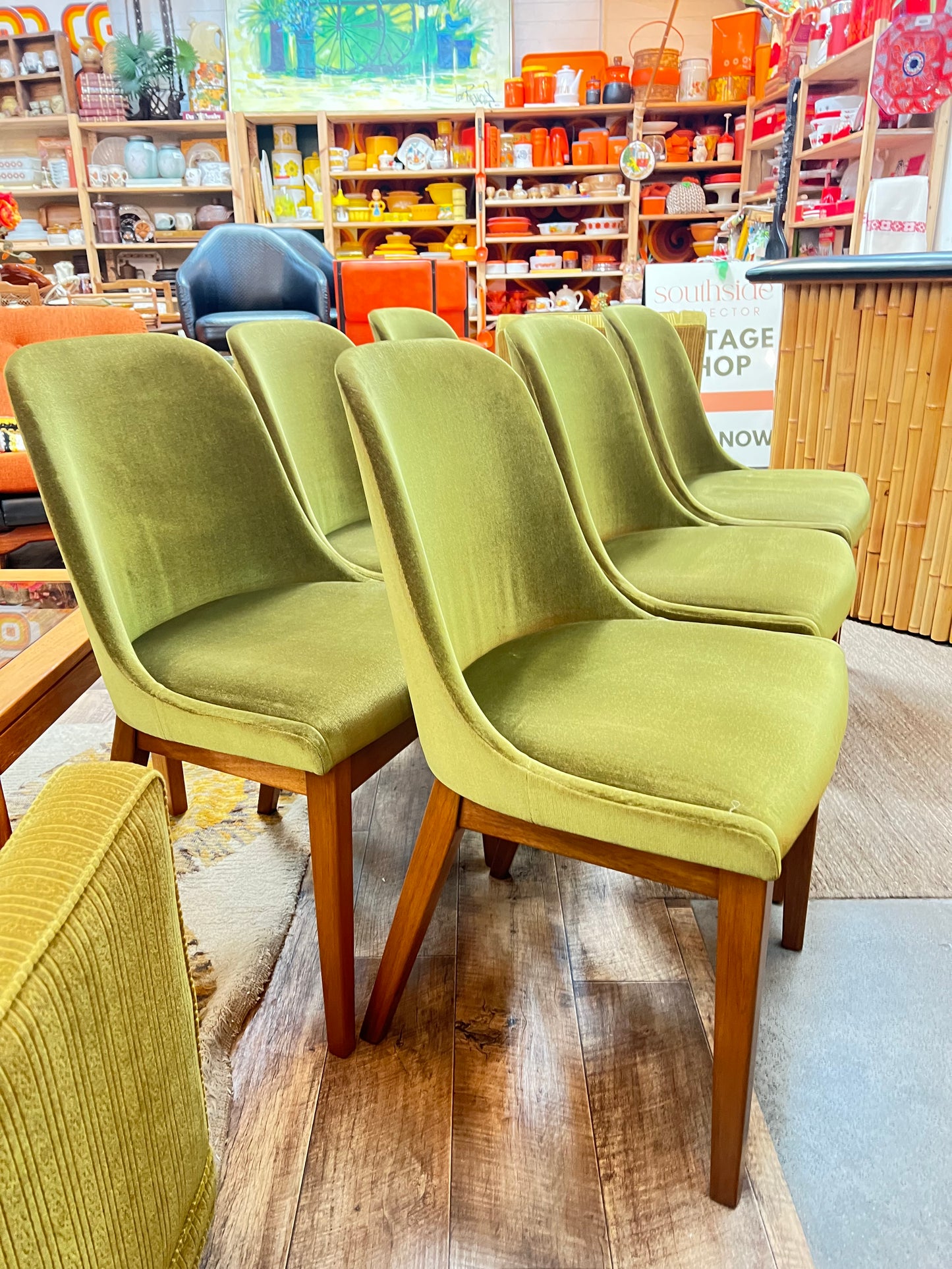 Set of 6 Vintage Australian Mid-Century Green Velvet Dining Chairs