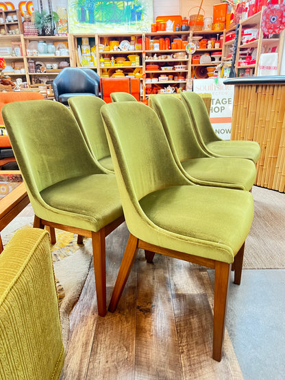 Set of 6 Vintage Australian Mid-Century Green Velvet Dining Chairs