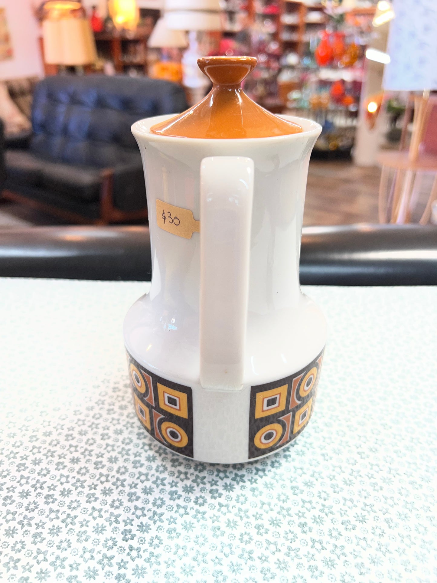 1970s Retro Coffee Pot – Geometric Pattern Ceramic Coffee Server – Made in Japan