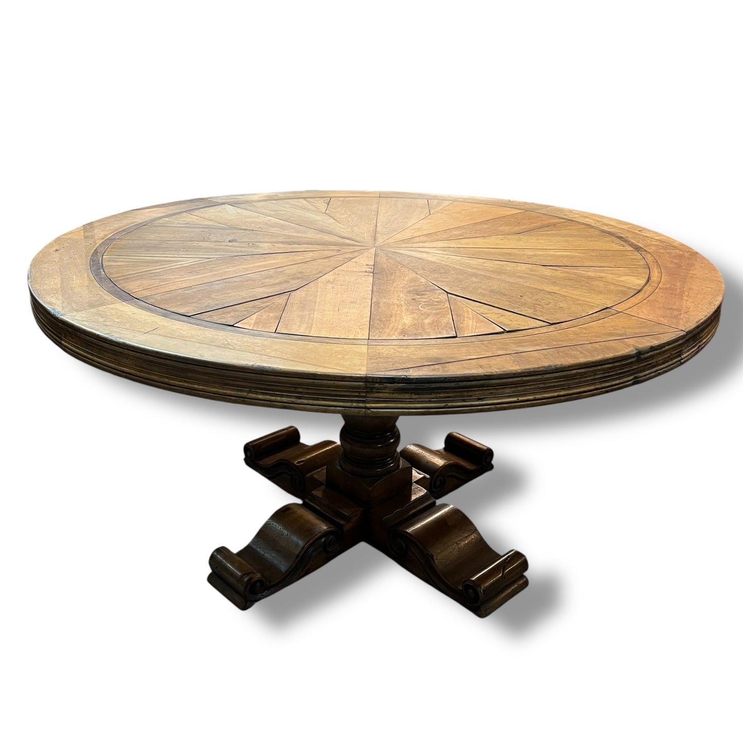 Round Parquetry Dining Table with Carved Scroll Base