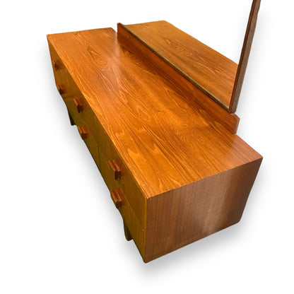 Mid Century Teak Veneer Dressing Table with Large Mirror and 6 Drawers