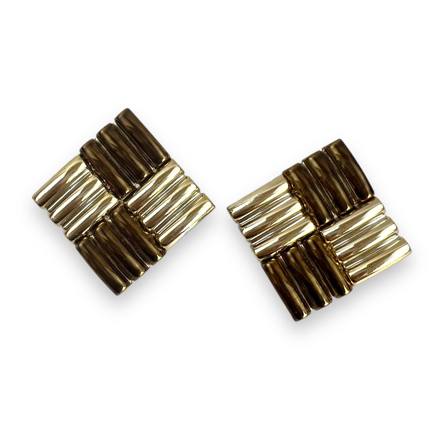 Bronze & Gold Check Pattern Clip On Earrings - Made in West Germany