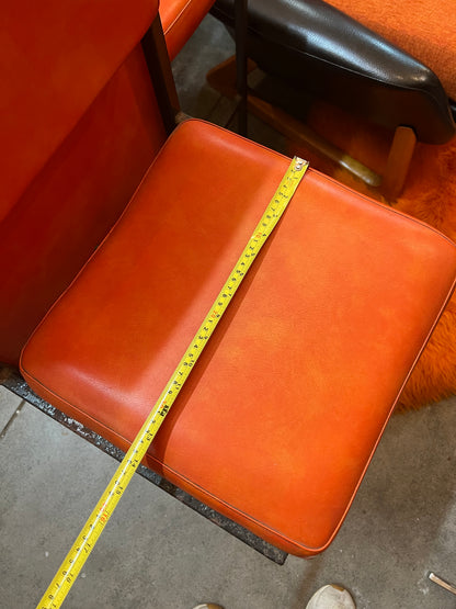 Pair of Vintage Orange Vinyl Bar Stools with Decorative Timber Backs