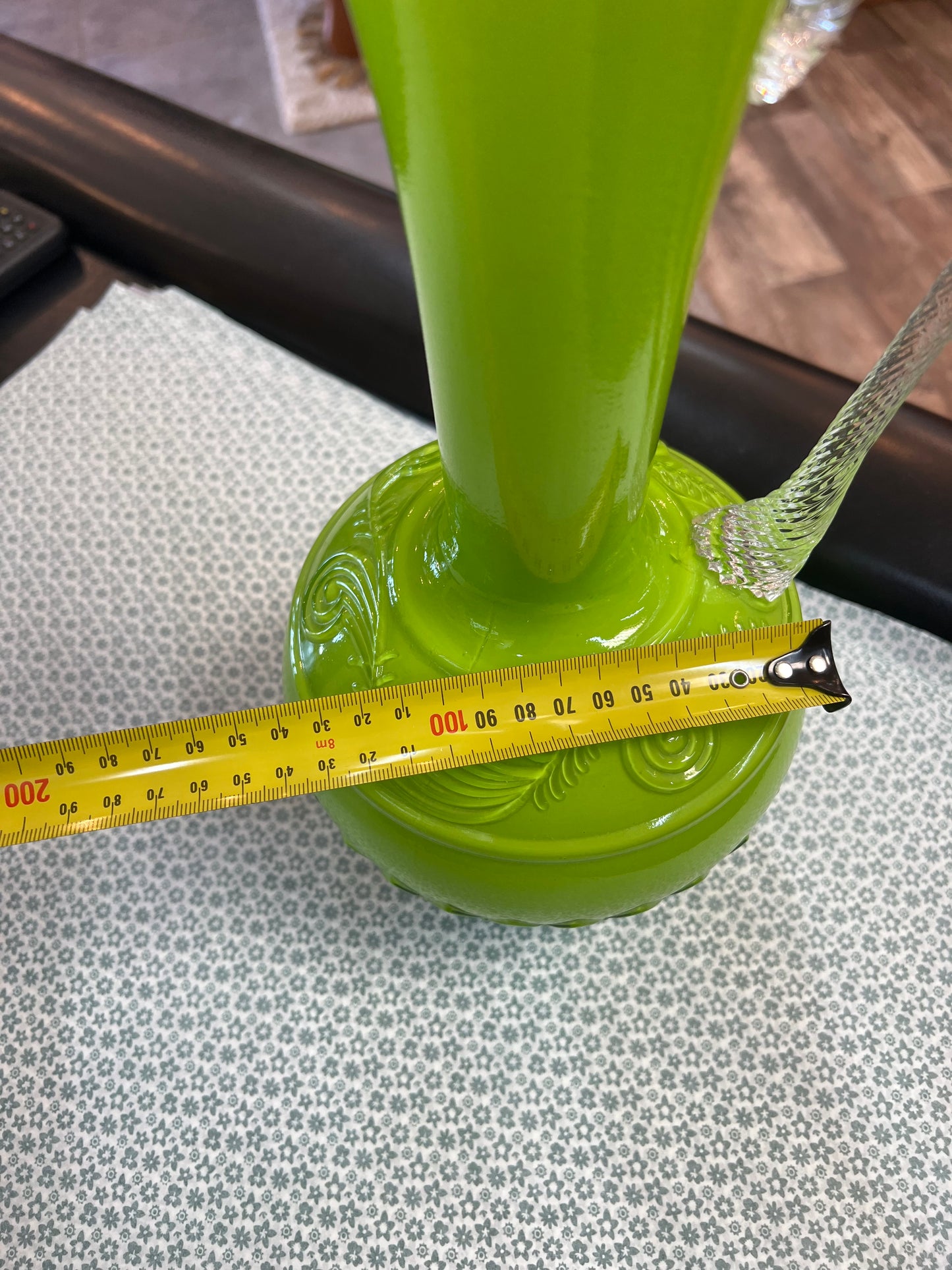 Lime Green Art Glass Ewer Vase with Clear Applied Handle – Decorative Scroll Detail