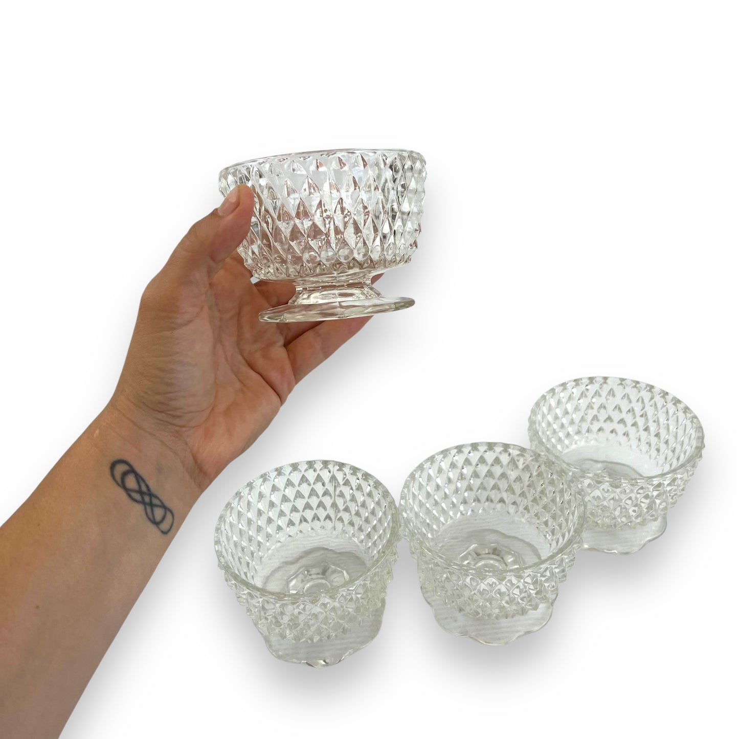 Set of 5 Diamond-Cut Glass Dessert Bowls