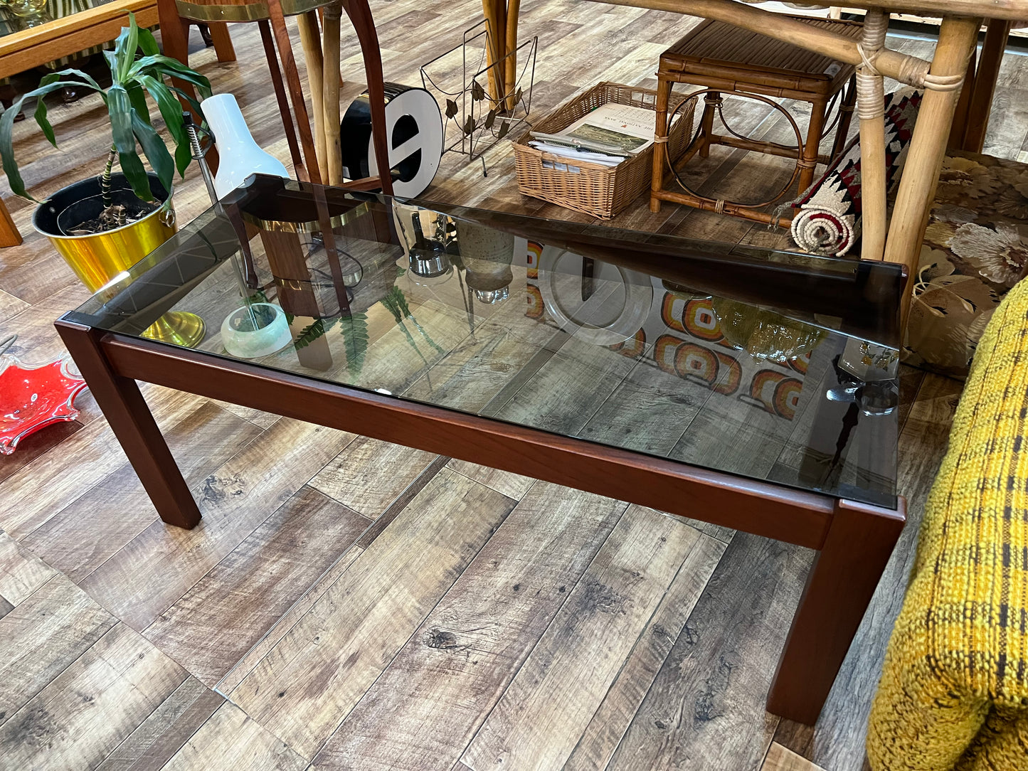 Mid-Century Modern Rectangle Smoked Glass Coffee Table with Rich Walnut-Toned Timber Frame