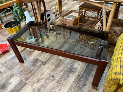 Mid-Century Modern Rectangle Smoked Glass Coffee Table with Rich Walnut-Toned Timber Frame