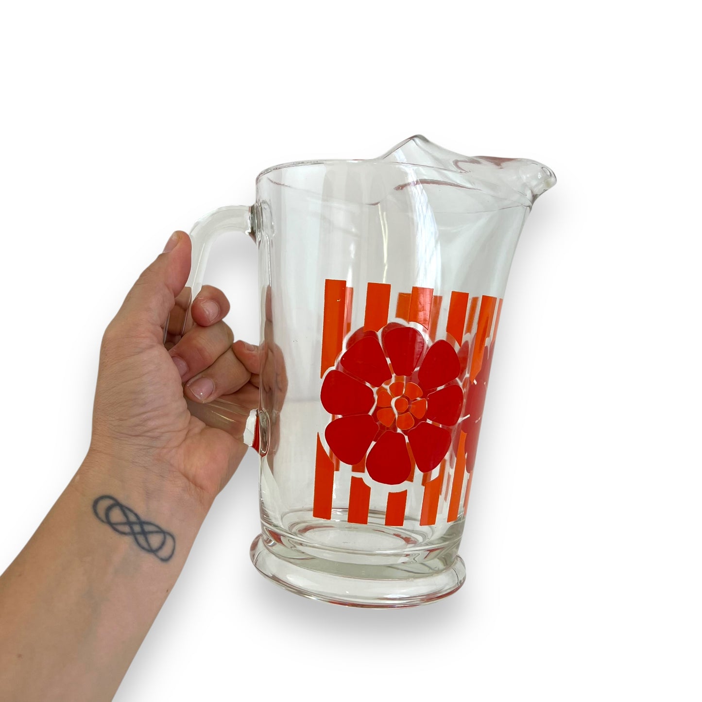 Glass Jug with Orange Stripes & Red Flower Decal – Retro 1970s Pitcher