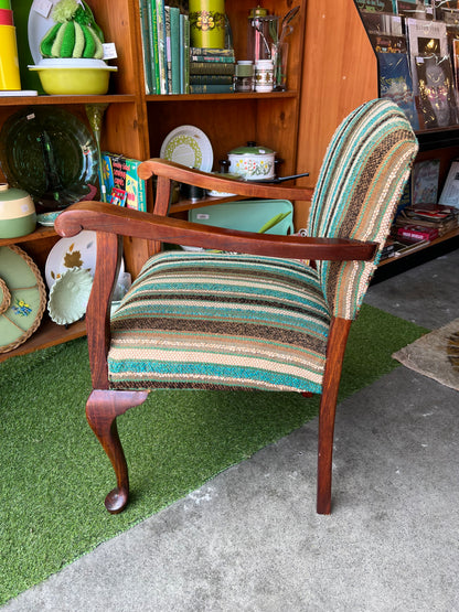 Occasional Armchair with Sculptural Timber Frame & Retro Stripe Upholstery