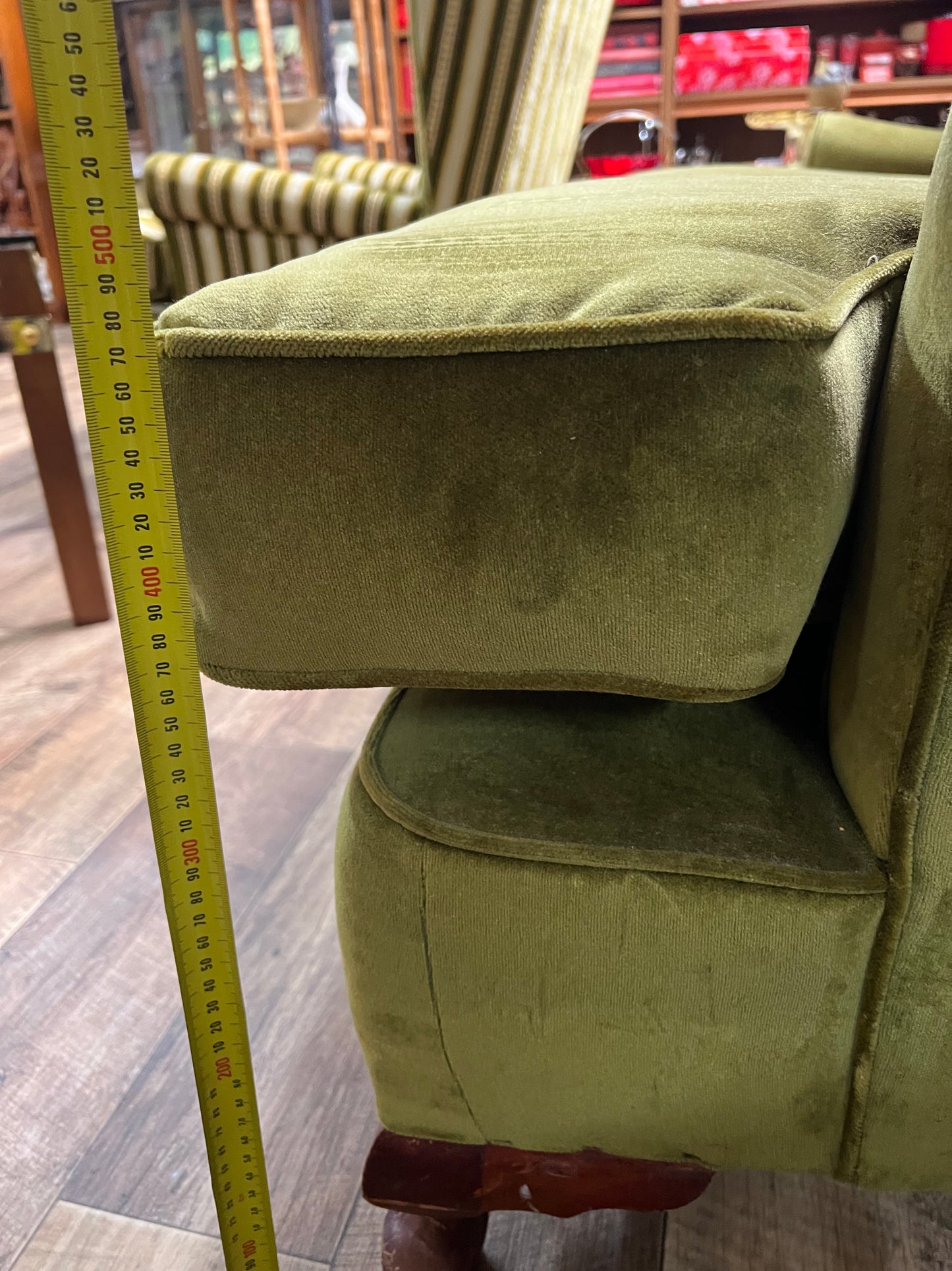 Vintage Olive Green Velvet Wingback Two Seater Lounge