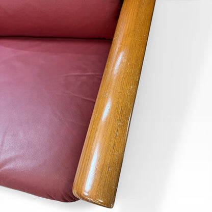 Timber Armchair with Sculpted Curved Armrests & Burgundy Leather Cushions