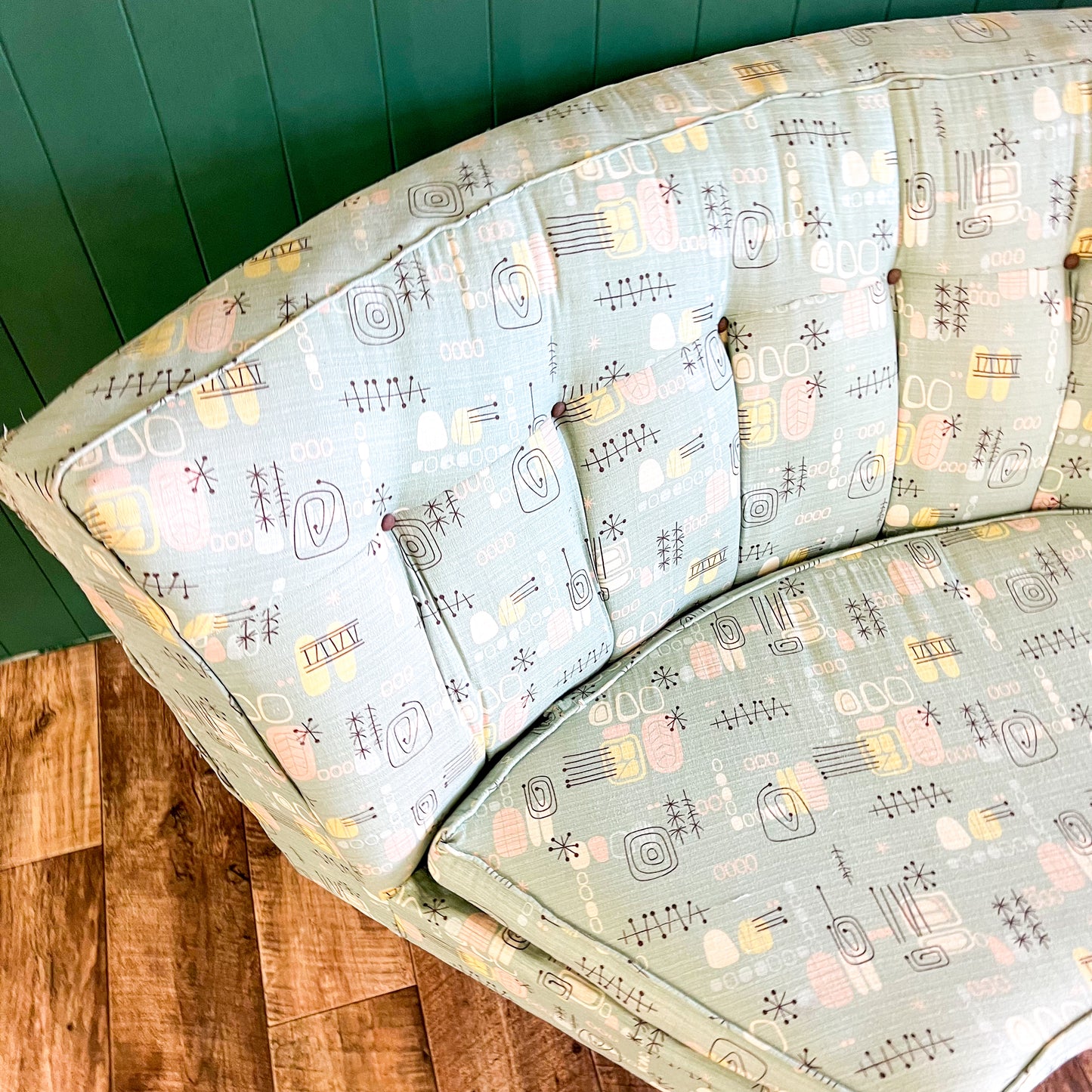 Retro Corner Lounge Piece with Atomic Barkcloth Upholstery Fabric